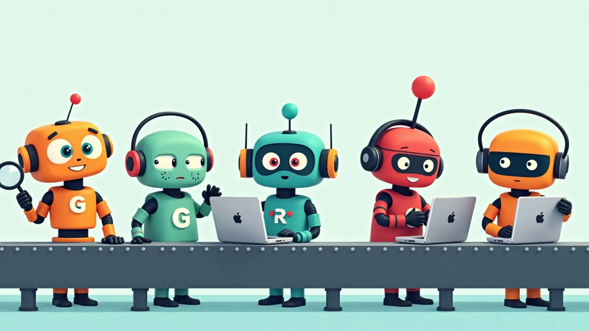 Team of Cluo robots building marketing systems on an assembly line